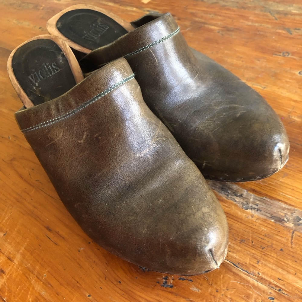 Army Green leather and wood clogs